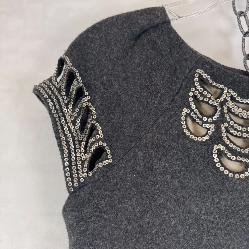 Tory Burch Gray Wool Blend Embellished Cap Sleeve Dress‎ Size M